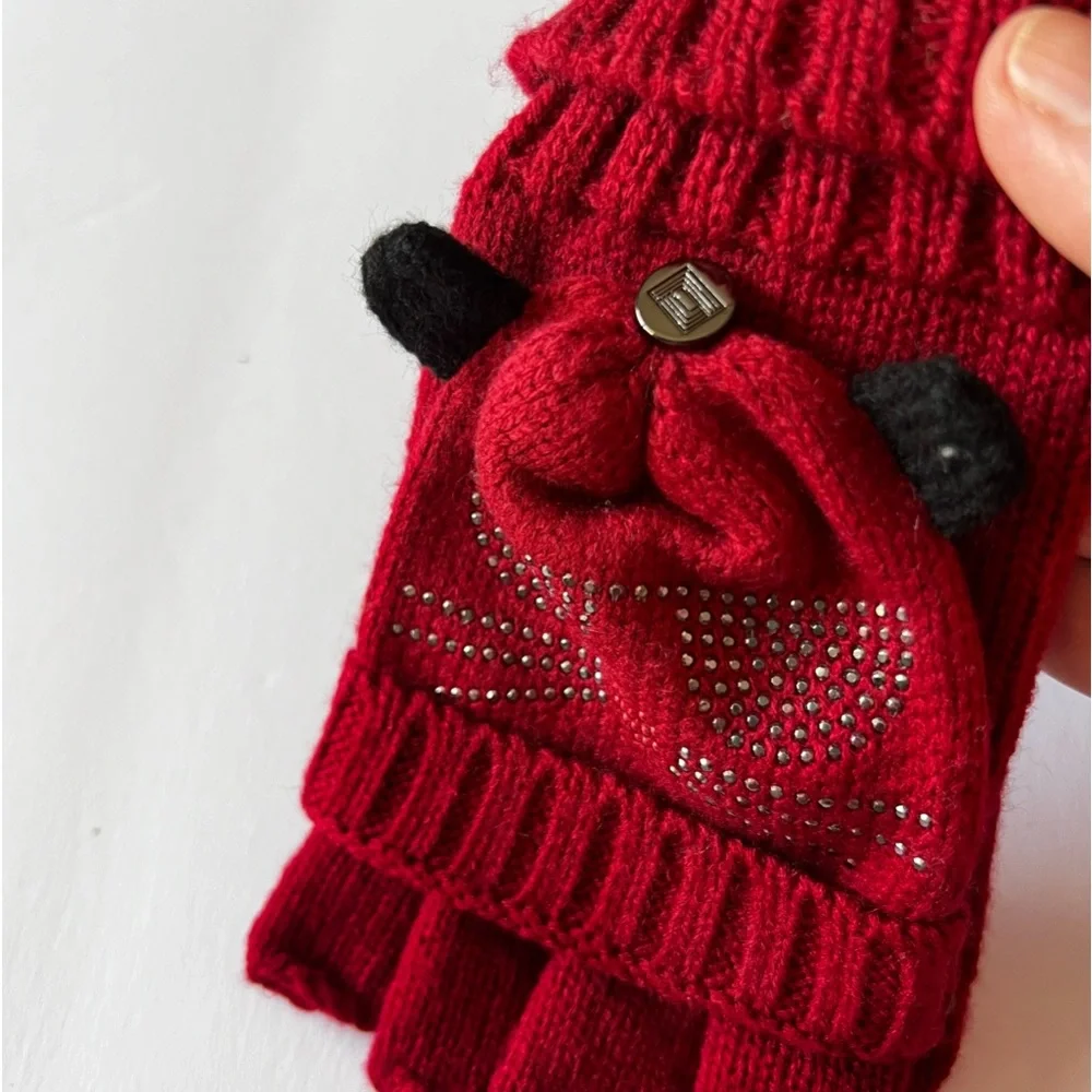 KARL LAGERFELD POP TOP CONVERTIBLE FINGERLESS GLOVES MITTENS RED KARL CAT LOGO